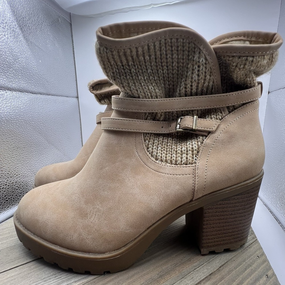 Justfab Dessa Sweater Block Heeled Booties Size 9 Tan Boots Shoes Winter Warm